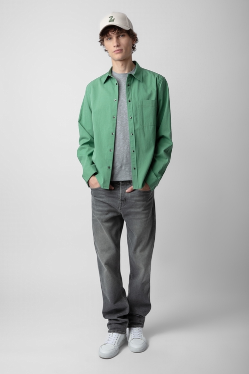 Green cotton twill shirt with patch pocket and customised