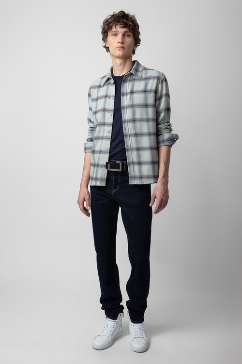Checked grey cotton flannel buttoned shirt with