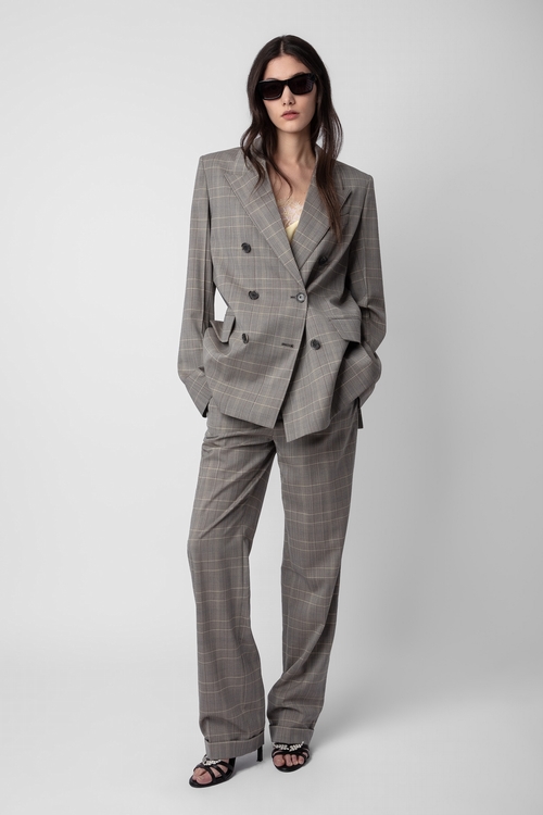 Oversized checked grey wool blazer with tailored collar,