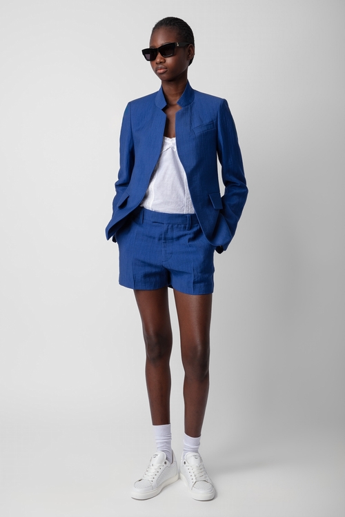 Blue linen tailored shorts with pockets. - Women's Deep Sea