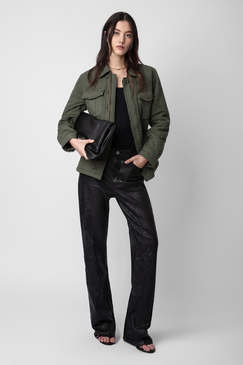 Khaki cotton twill jacket with pockets, overstitching and