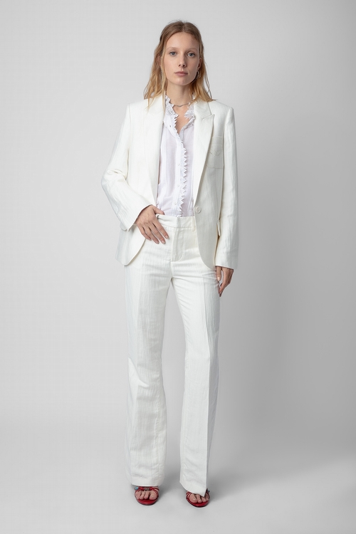 White linen flared tailored trousers with pockets and