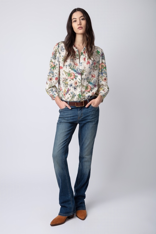 Ecru silk blouse with Twisted Garden print, 3/4-length