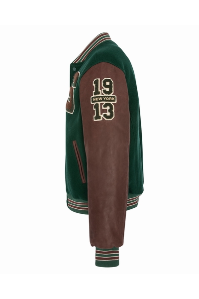 TEDDY JACKET WITH BADGES - SCHOTT USA - GREEN WOOL/CORDOVAN - 2